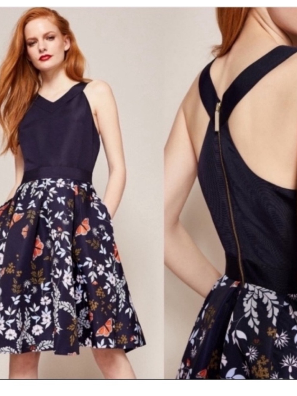 Ted Baker Kyoto Navy Floral Fit-and-Flare Dress with Pockets Sz US6 Or Ted Sz 2 - Picture 6 of 7